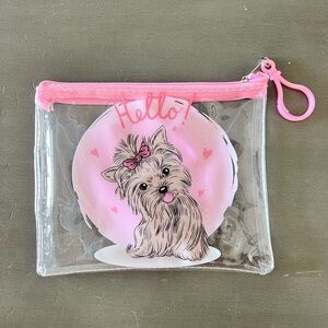 Light Pink Yorkie Hello Bow Heart Puppy Dog 6" Makeup Cosmetic Bag Coquette Girl